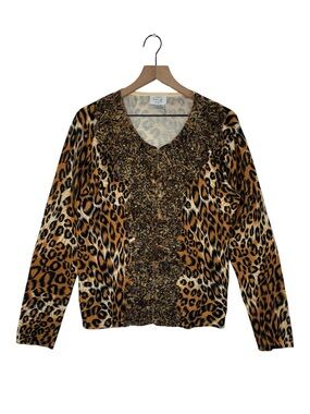 Vintage 90s Leopard Print Studded Ruffle Front Knit Sweater Cardigan Elevated